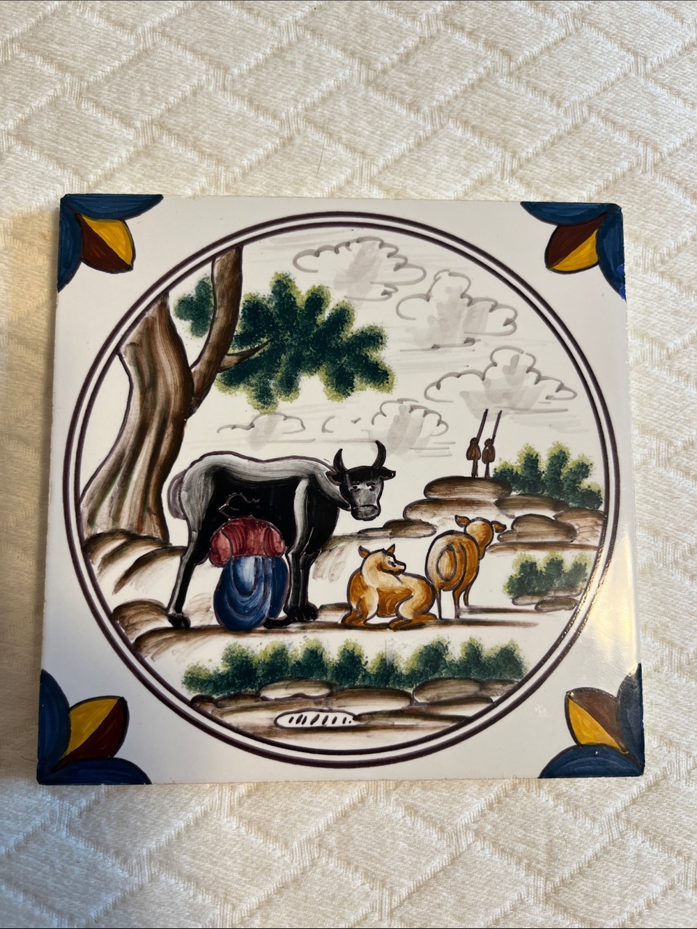 Hand-Painted Portugese Ceramic Tile Art – Pastoral Scene, 5” square